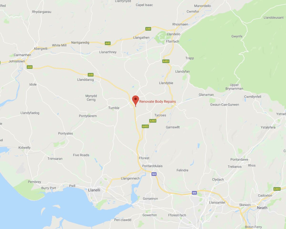 Map showing Renovate Body Repairs at Cross Hands, Carmarthenshire