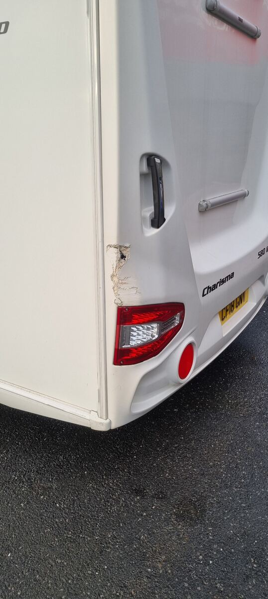 Swift Charisma caravan rear corner, before repair